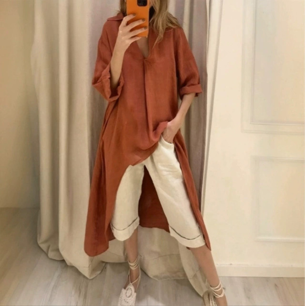 ZARA Solid Cotton Linen Collared Long Sleeve Casual Versatile Maxi Shift Dress